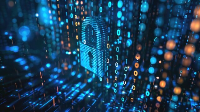Floating lock icon on a background filled with binary code. data protection and security blue