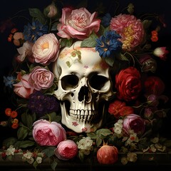 A striking blend of a skull and vibrant flowers creating a contrast between life and death.