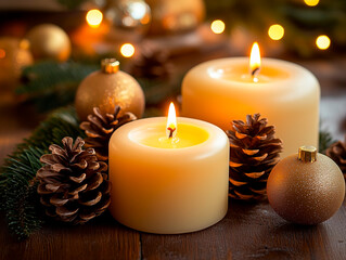 Christmas candles surrounded by pinecones and ornaments, warm and cozy holiday ambiance, festive home decoration