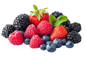 Colorful berry medley, fresh strawberries, blackberries, raspberries, and blueberries on transparent background