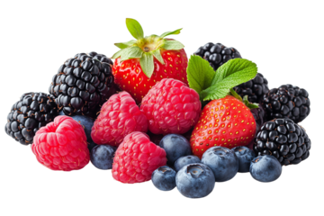Colorful berry medley, fresh strawberries, blackberries, raspberries, and blueberries on transparent background