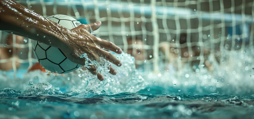 Hand reaching for a water polo ball splashing in the pool with players and net in the background. Concepts of teamwork, water sports, and athletic competition.