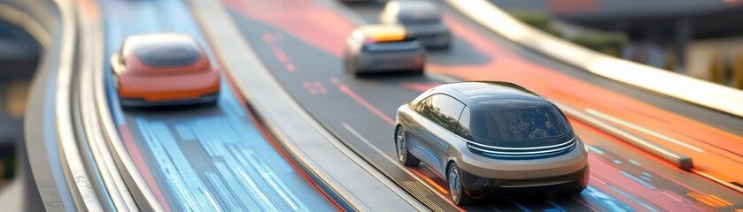 Obraz premium Futuristic Scene of Autonomous Vehicles on Smart Highways, Illustrating the Evolution of Transportation