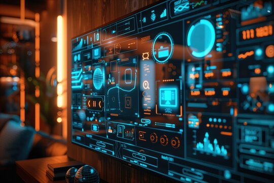 Futuristic smart home control panel with holographic interface in a modern living room. Concepts of advanced technology, home automation, and digital interfaces.