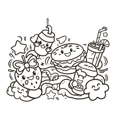 Handdrawn kawaii coloring book illustration Smiling boy child with healthy food in flat design