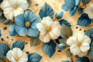 A beautiful blue and white flowery background with a yellow flower in the middle