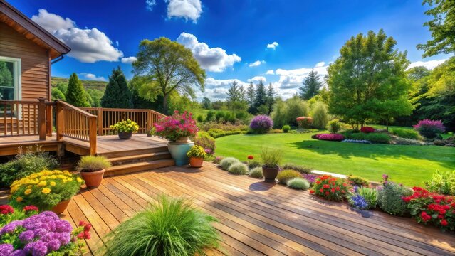 Backyard oasis on a sunny day with green grass, colorful flowers, wooden deck, and clear blue sky