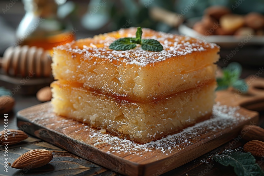 Sticker delicious greek dessert, sweet honey cake with powdered sugar and mint