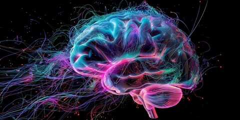 A detailed digital illustration of a human brain with bright neon connections represents the complexity and beauty of neural networks