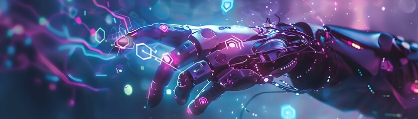 Fototapeta premium Cyborg Witch Casting Glowing Digital Spells in Halloween Fusion of Magic and Technology