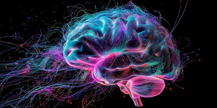 A detailed digital illustration of a human brain with bright neon connections represents the complexity and beauty of neural networks