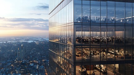 Fototapeta premium A Skyscraper Office Interior and City Skyline at Dusk
