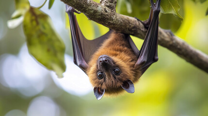 A juvenile flying fox bat hanging from a tree branch.