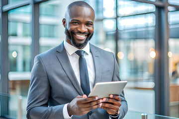 man, happy portrait and tablet for business email, communication and networking in office. African financial advisor, face smile and tech for investment research, news app and risk analysis