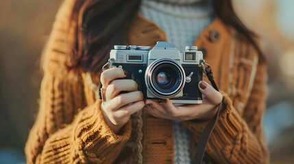 Mid section of woman holding a vintage camera
