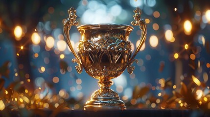 A dynamic 3D animation of a trophy being lifted in triumph, ideal for highlighting victorious moments in ceremonies.