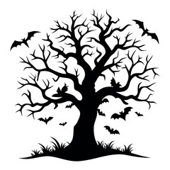 Black silhouette Halloween tree with bats Isolated on a white background