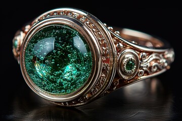 A green and gold ring with a green stone in the center