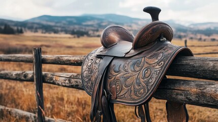 Western saddle resting on fence in countryside setting