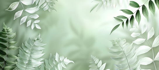Soft Pastel Green Background with Gentle Leaf Pattern and Minimalistic White Outline of a Fern, Creating a Serene and Natural Ambiance with Calming Colors for Elegant Design Projects 