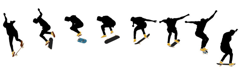 Dynamic silhouette sequence of skateboarder performing mid-air trick. Frame-by-frame image of skate trick. Multicolored vector illustration of silhouette. Fluid motion and athletic skateboarding skill © Mykhailo Shvets