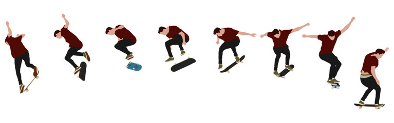 Naklejka premium Dynamic silhouette sequence of skateboarder performing mid-air trick. Frame-by-frame image of skate trick. Multicolored vector illustration of silhouette. Fluid motion and athletic skateboarding skill