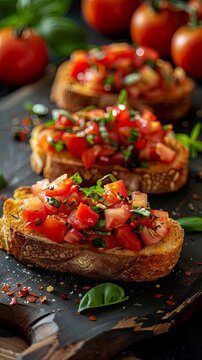 Delicious bruschetta with tomatoes, cheese, traditional Italian food