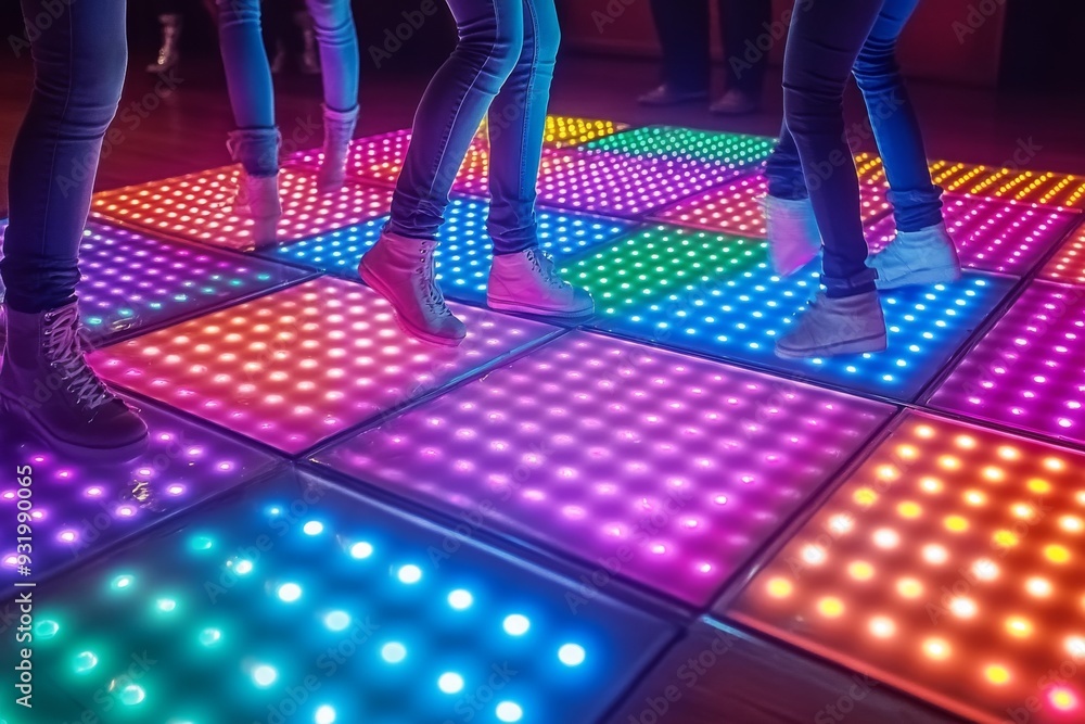 Poster crowd dancing on a vibrant led floor capturing the rhythm energy and joy of movement in a colorful a