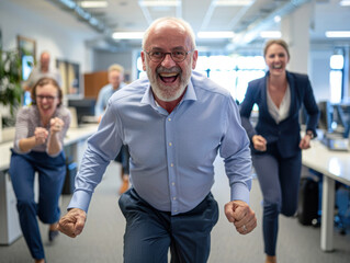 Playful Office Race Senior Businessman and Co-workers Having Fun Together