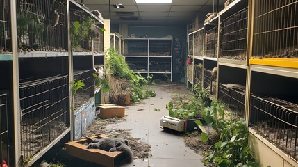 Fototapeta premium 50. **A vacant pet store with empty cages and plants growing inside