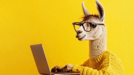 Fototapeta premium Llama wearing glasses and yellow sweater working on laptop on yellow background