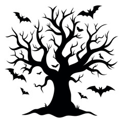 Black silhouette Halloween tree with bats Isolated on a white background