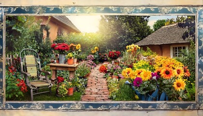 Fototapeta premium Retro Garden Scene Collage - A collage depicting a retro garden scene with classic floral elements. Graphic art illustration poster