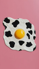 The image features a playful, artistic representation of a fried egg on a pink background