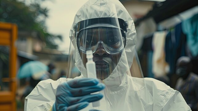 A medical worker in a protective suit holds a test tube