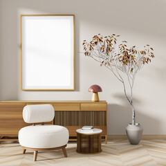Minimalist livinig room with modern furnitures. Mock up poster frame in Scandinavian style interior. 3D illustration