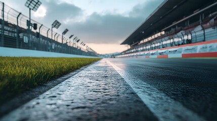 Fototapeta premium 52. **An empty race track with overgrown grass on the asphalt and stands