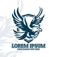Eagle shield logo illustration, flying eagle with shield backdrop design illustration, falcon icon
