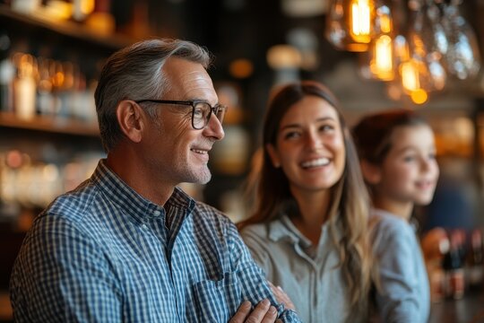 Family Succession Planning: Senior Business Owner Discussing Future with Relatives in Warm Setting, Side View