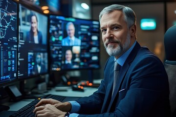 Fototapeta premium Senior CEO Leading Global Partnerships in Virtual Meeting with Modern Tech Setup, Medium Shot