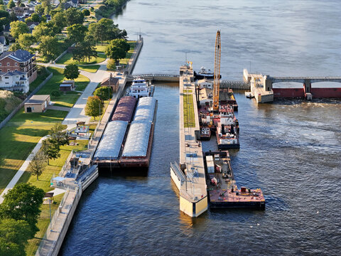 Locks and Dam 14 on the Mississippi river at Bellevue IA opening the lock so a barge can proceed down river.