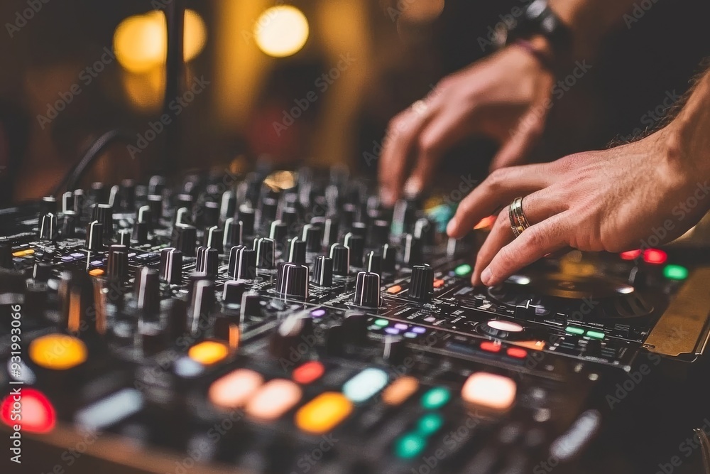 Poster close up of dj’s hands manipulating a mixer in a dimly lit environment emphasizing the tactile inter