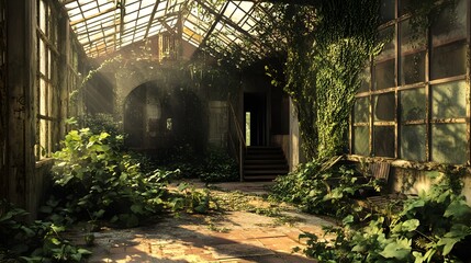 53. **A neglected botanical research center with plants and vines growing everywhere