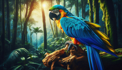 Fototapeta premium Portrait of Blue Macaw Perched on a Branch. Generative AI.
