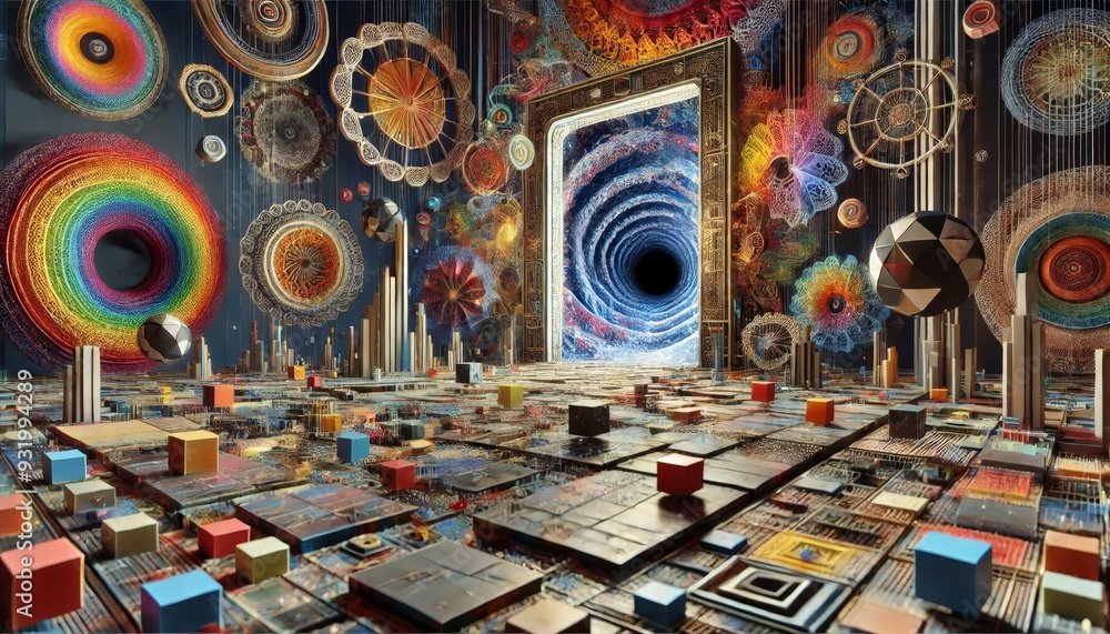 Poster futuristic 3d-rendered scene with colorful abstract geometric shapes, a vortex portal, and intricate