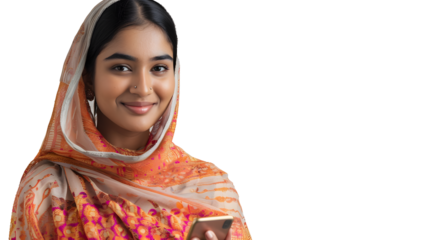 an indian smart women using phone , white background