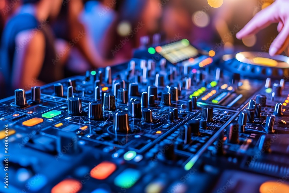 Poster close up of a djs mixing console in a vibrant neon lit club capturing the colorful buttons controls 