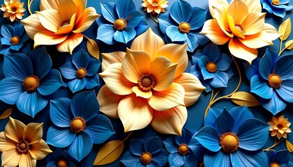 Fototapeta premium Set of Modern 3D Floral Wall Art Panels in Blue and Gold