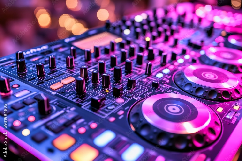 Poster dj mixing on a vibrant neon lit console with a close up on colorful buttons and controls highlightin