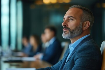 Obraz premium Senior Man CEO Tackling Corporate Crisis with Intense Expressions in Large Boardroom - Side View of Senior Leader Managing Crisis
